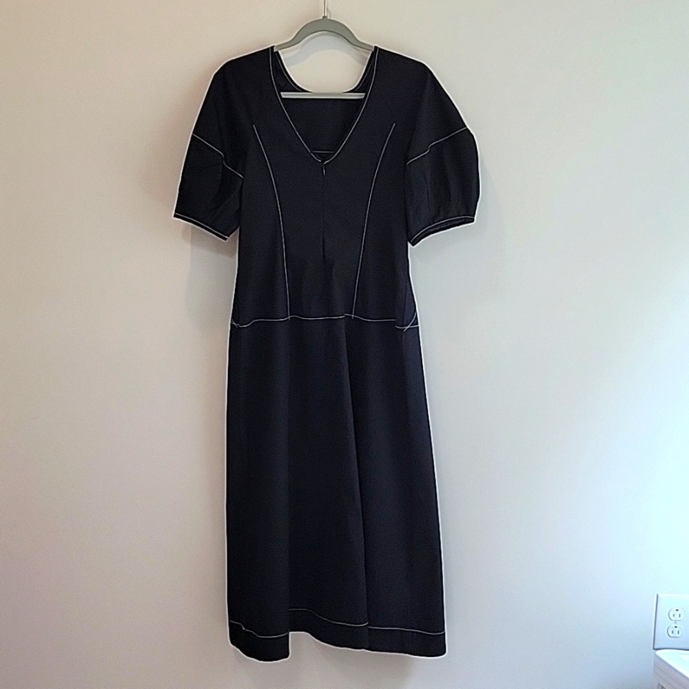 Madewell Black Puff-Sleeve Midi Dress with Contrast Stitching - Picture 9 of 9